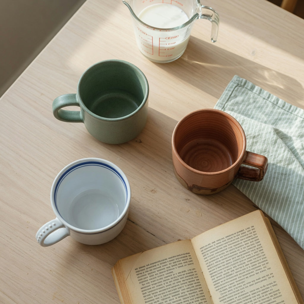 Weekend table comparing mug sizes and handles for the dandelion coffee mug weekend coffee practical purchase checklist