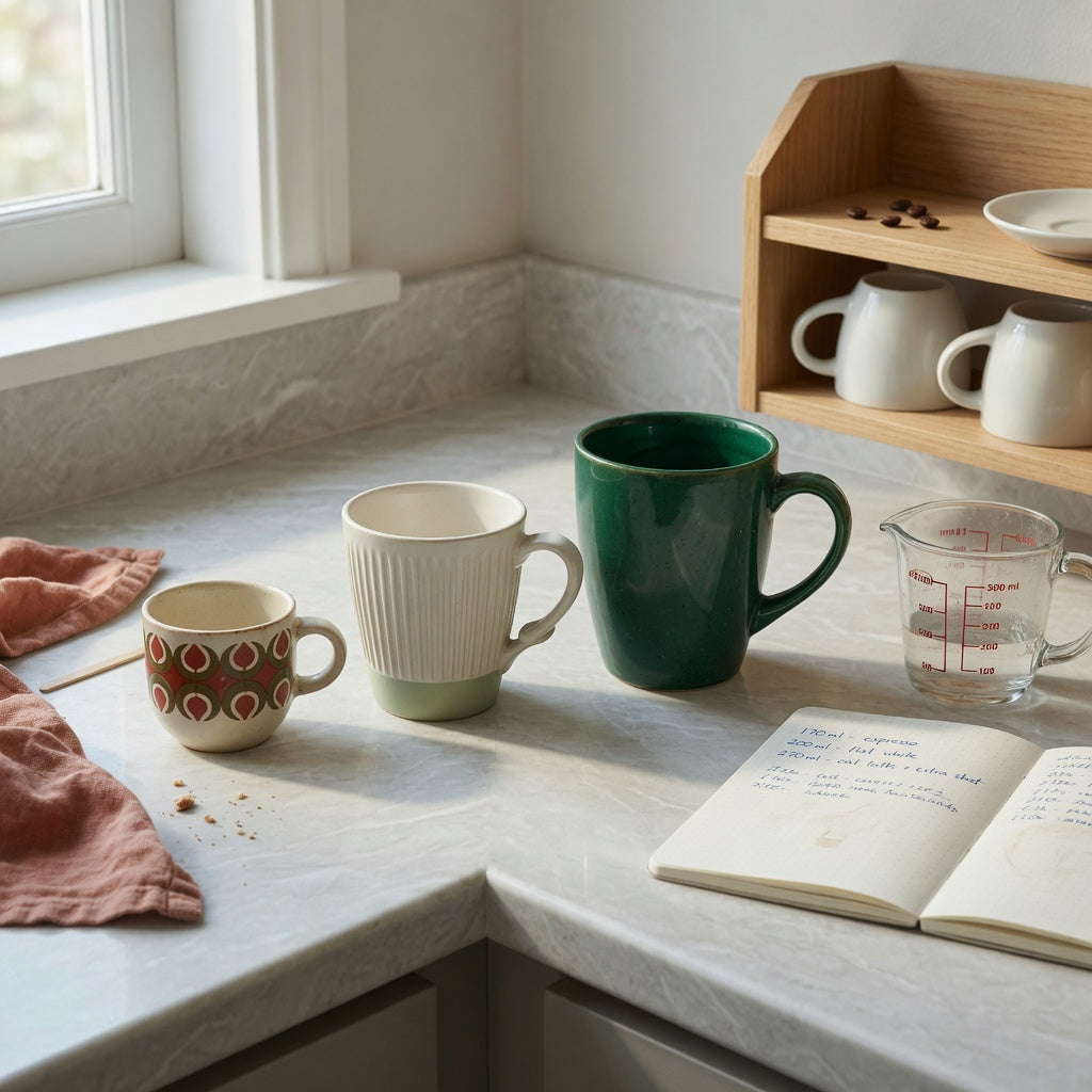 Decaf coffee cup everyday mug rotation product shortlist guide showing Retro 170 ml, Pleated 200 ml, and Emerald 270 ml options