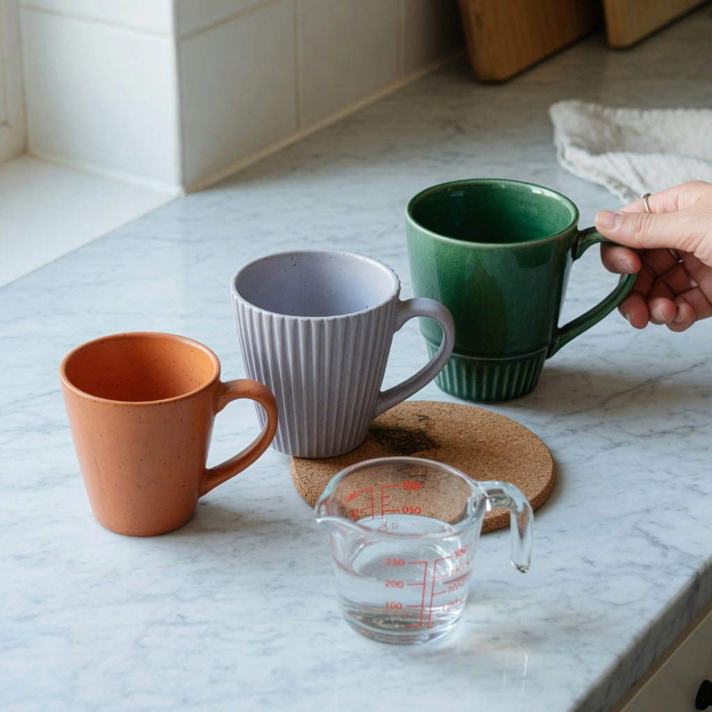 Decaf coffee cup first time buyer product shortlist guide with Retro 170 ml, Pleated 200 ml, and Emerald 270 ml cups on a kitchen counter