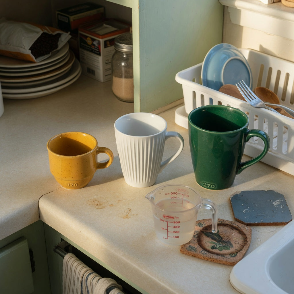 Decaf coffee cup shared household practical purchase checklist comparing the Retro 170 ml, Pleated 200 ml, and Emerald 270 ml options