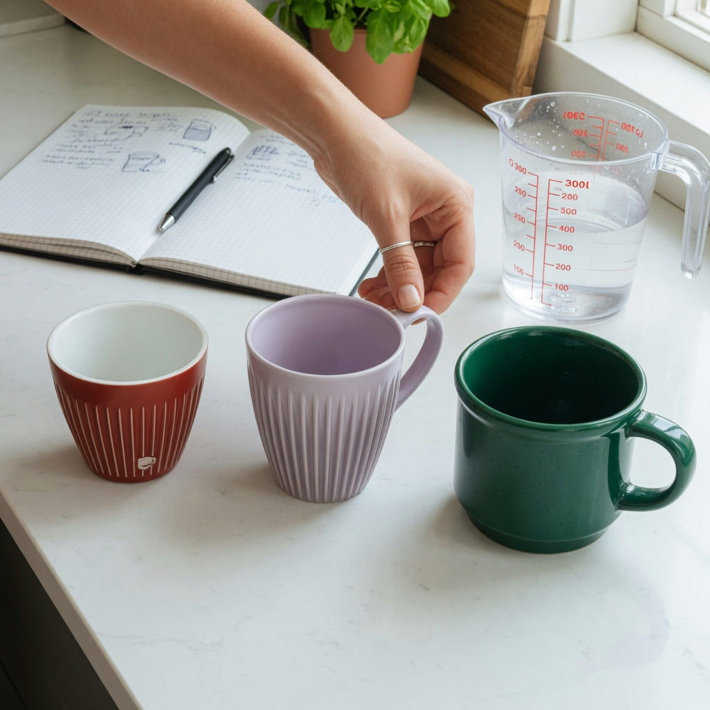 A decaf coffee cup size decision guide comparison of the Retro 170 ml, Pleated 200 ml, and Emerald 270 ml beside a measuring jug