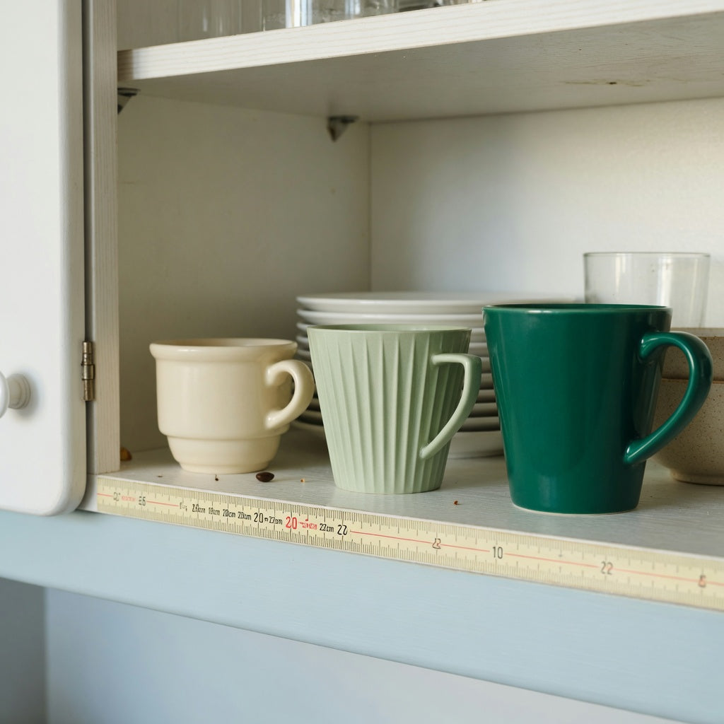 decaf coffee cup storage fit guide showing Retro 170 ml, Pleated 200 ml, and Emerald 270 ml cups on a cabinet shelf
