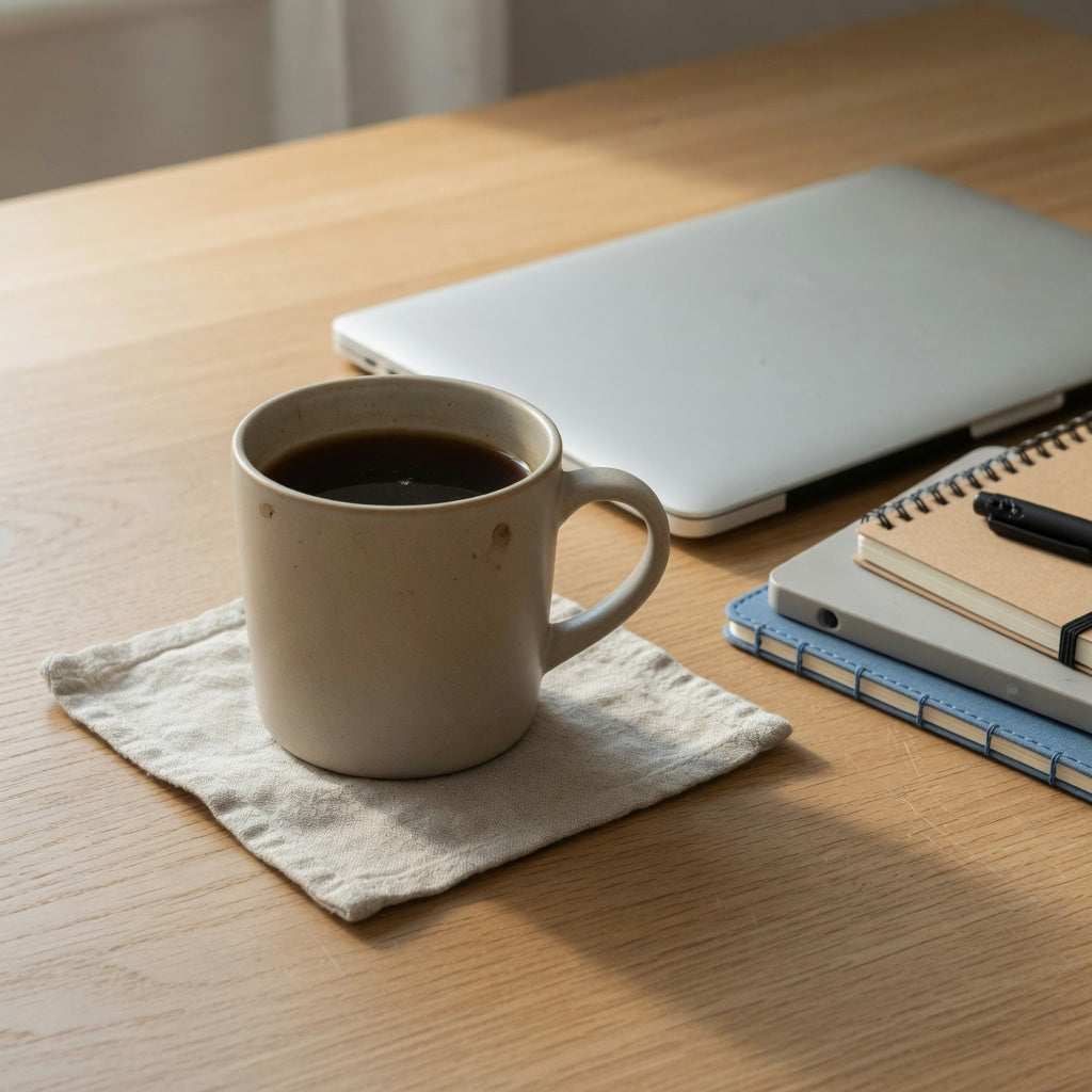 Matte desk decor ceramic coffee cup on a light oak office desk beside a laptop and linen coaster