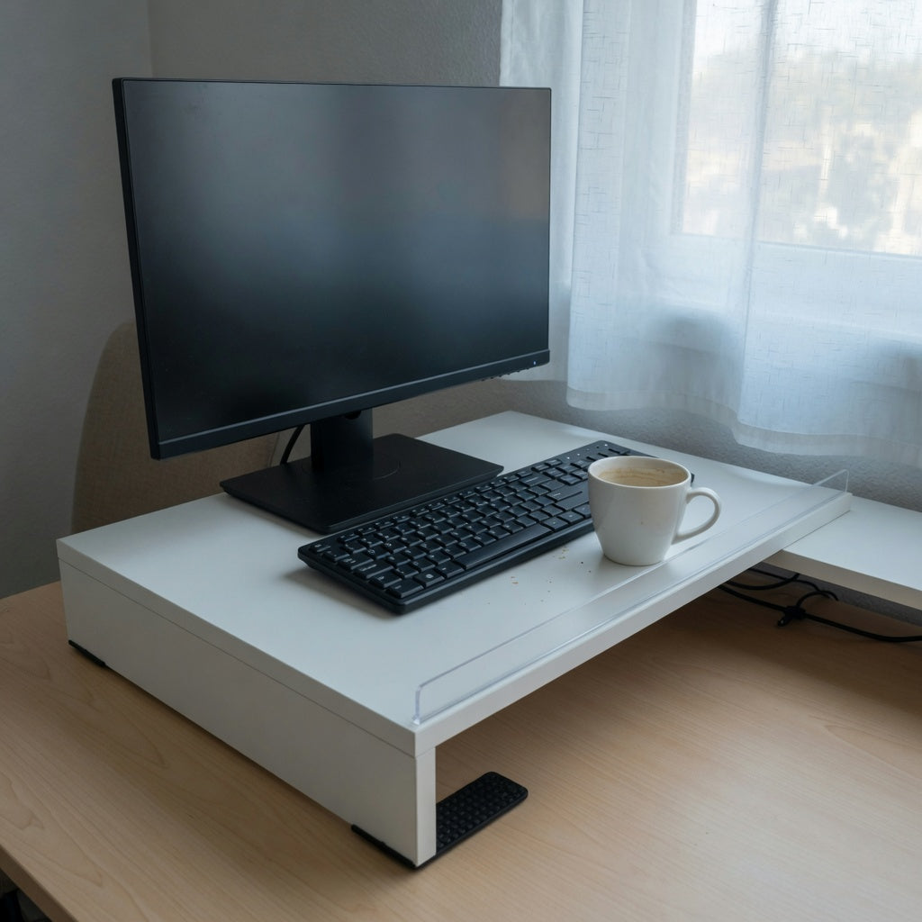 Desk shelf for coffee mug home office with one mug beside the keyboard and the monitor still near eye level.