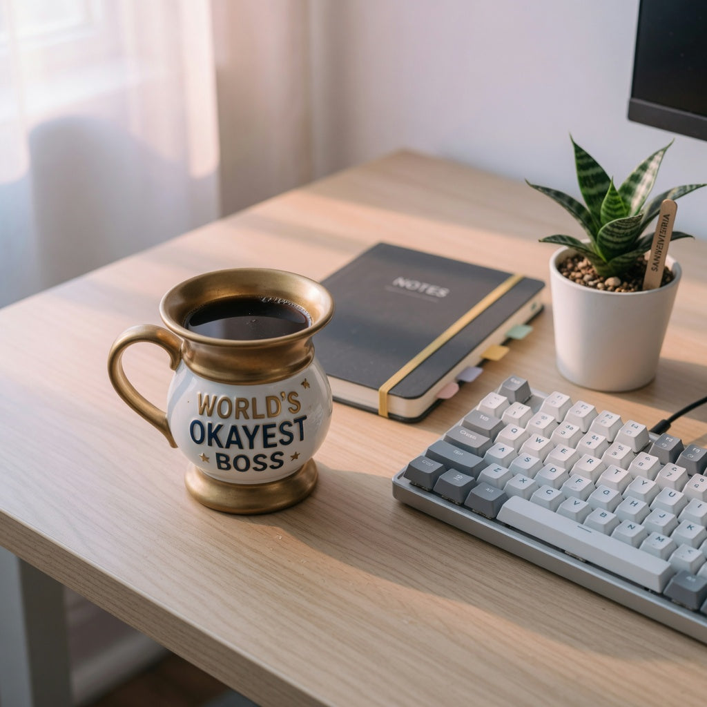 Desk spittoon cup styled as a novelty coffee mug beside a keyboard on an office desk