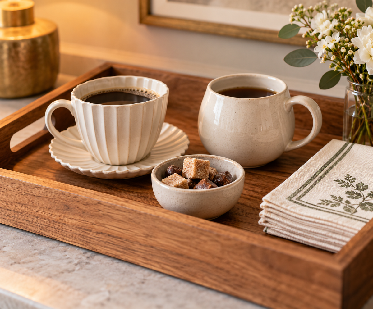 Easy guest tray ideas with ceramic cups arranged for informal entertaining