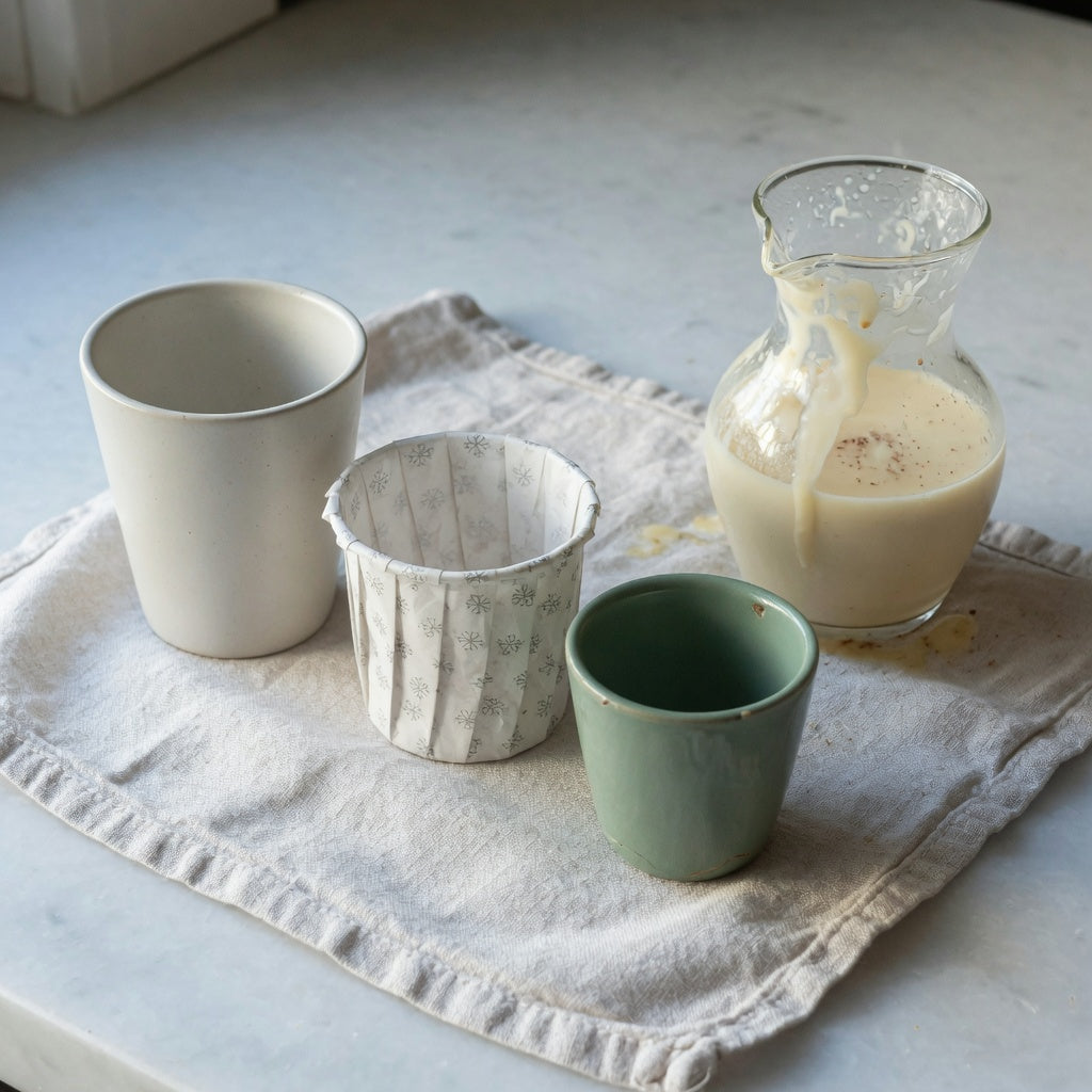 Three compact cups compared as an eggnog gift mug, lined up by size on a kitchen counter