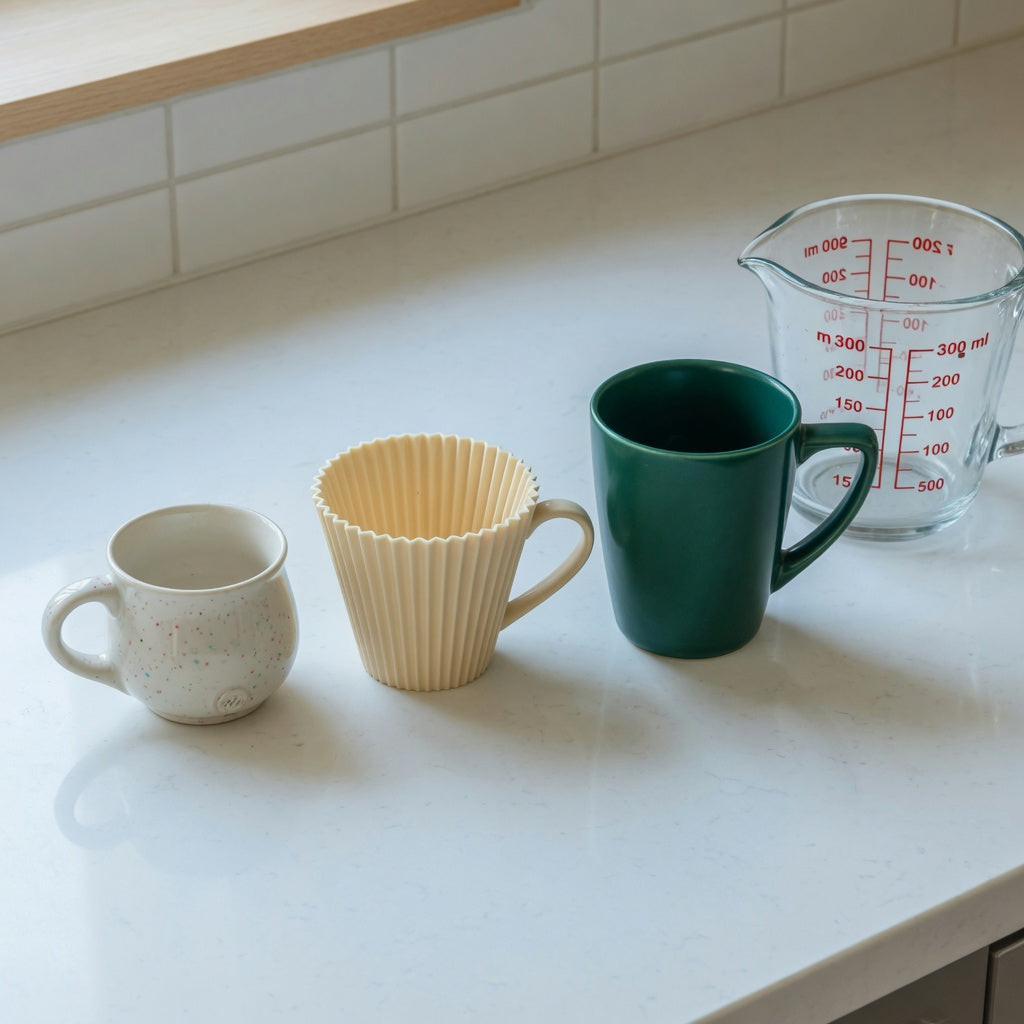 Eggnog mug first time buyer practical purchase checklist with 170 ml Retro, 200 ml Pleated, and 270 ml Emerald options beside a measuring jug