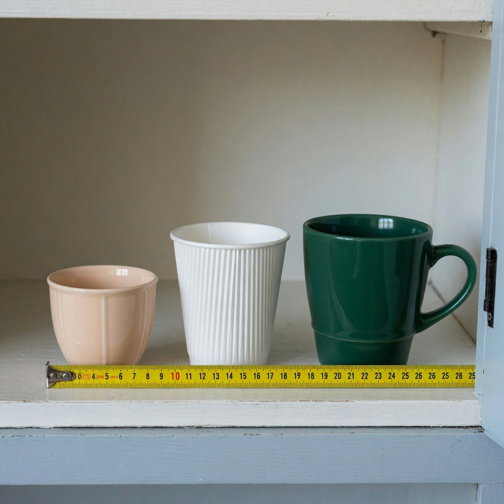Eggnog mug storage fit guide comparing Retro, Pleated, and Emerald mug shapes on a measured kitchen shelf