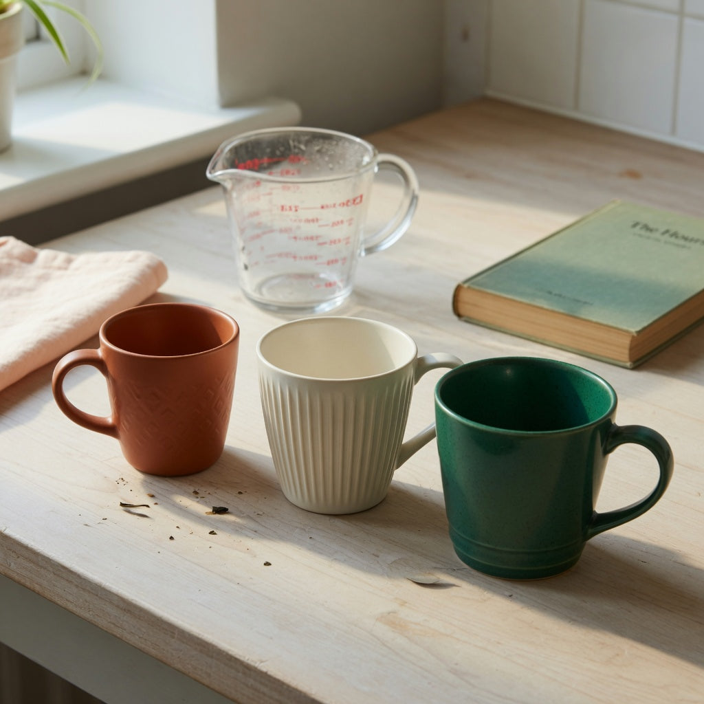 eggnog mug weekend coffee practical purchase checklist comparing Retro 170 ml, Pleated 200 ml, and Emerald 270 ml mugs on a kitchen table