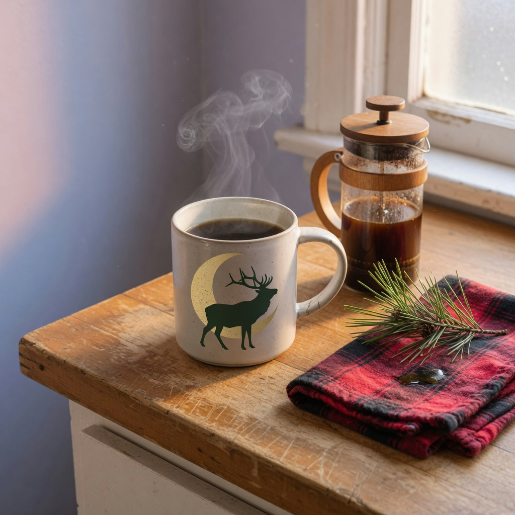 Elk and moon ceramic mug gift for coffee lovers steaming on a wood counter beside a French press