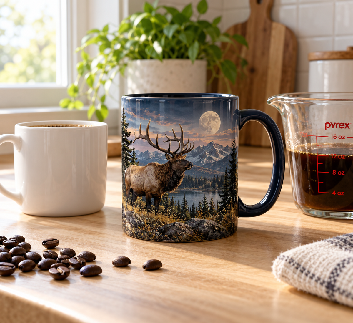 Elk and Moon ceramic mug size comparison showing dimensions next to everyday objects