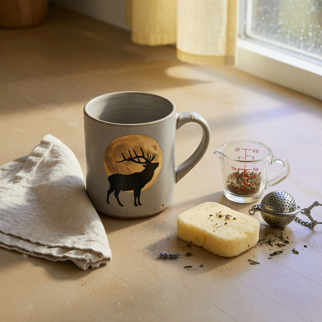 Elk and moon ceramic mug beside coffee, loose-leaf tea, and mug-care items on a kitchen counter