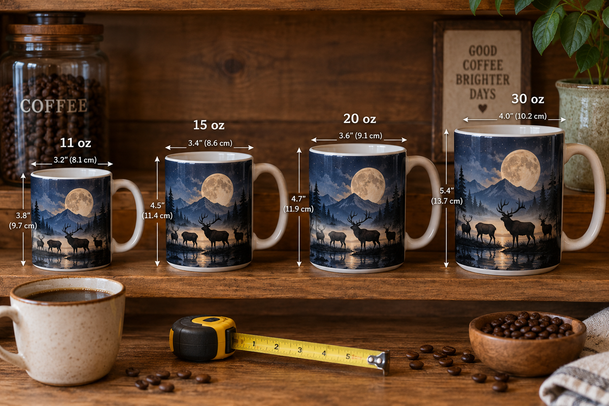 Elk and Moon mug size comparison showing multiple heights, diameters, and capacities side by side