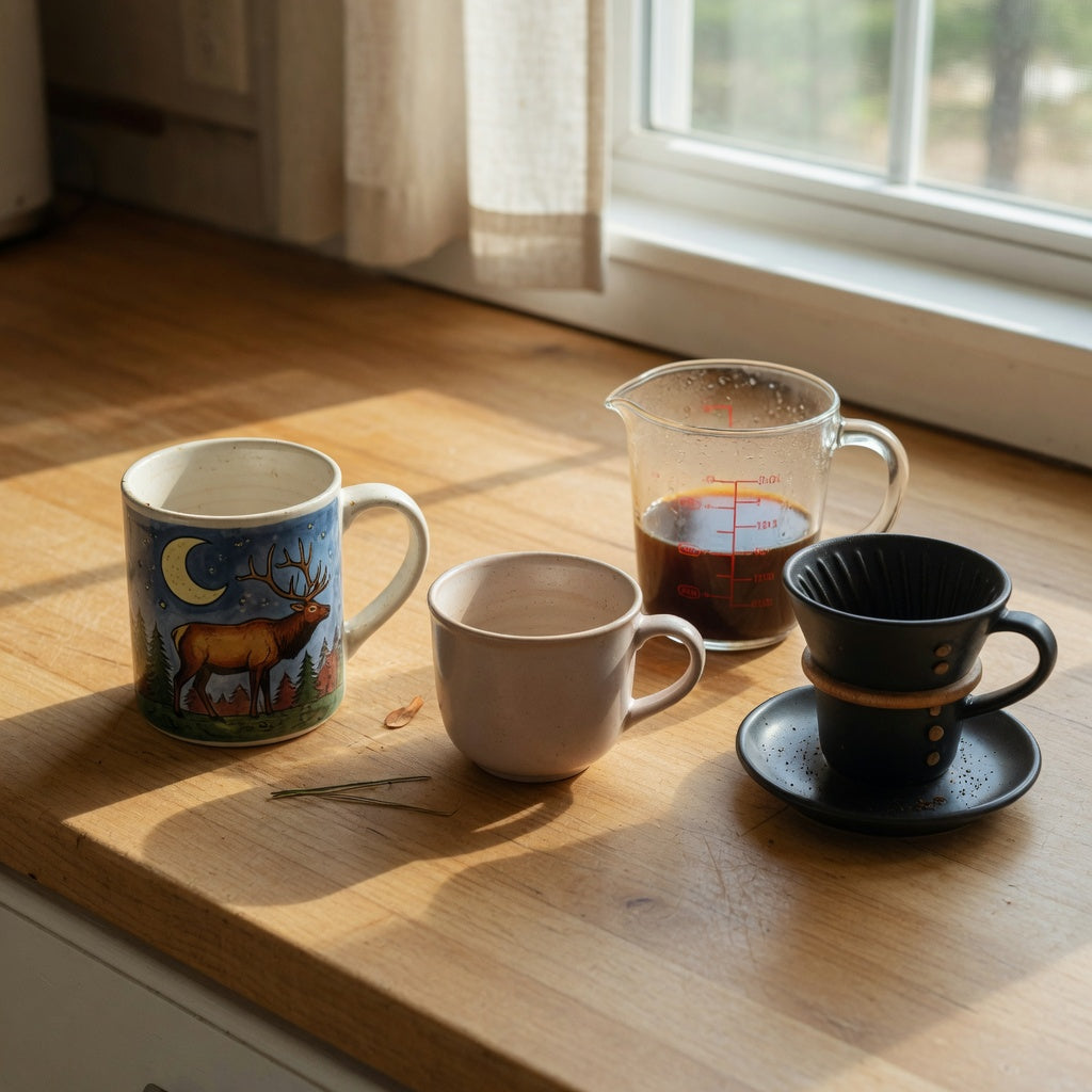 Elk and moon mug beside a plain ceramic cup and coffee brewer for a size and fit comparison