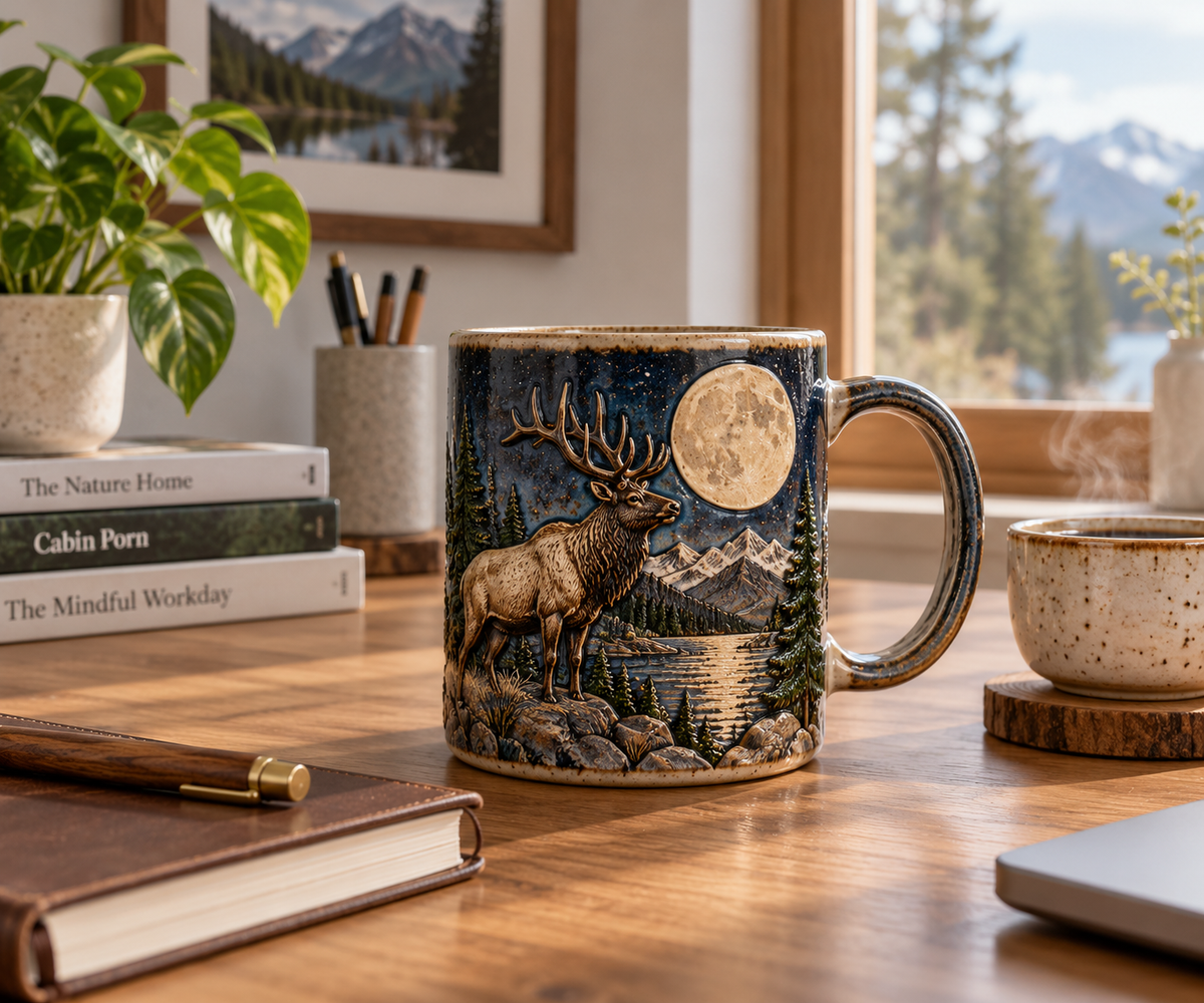 Elk and Moon Nature Coffee Mug for home office desk with elk and full moon nature design