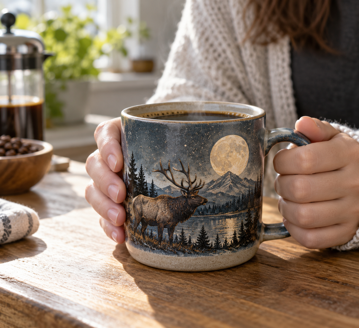 Elk and Moon tea mug for coffee lovers in a coffee lover's hand, showing quality stoneware design for hot drinks