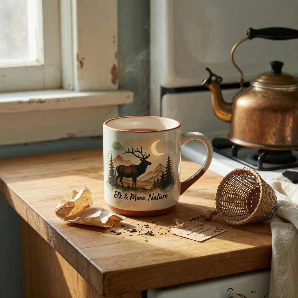An elk and moon tea mug gift on a wooden kitchen counter beside a tea kettle and basket infuser
