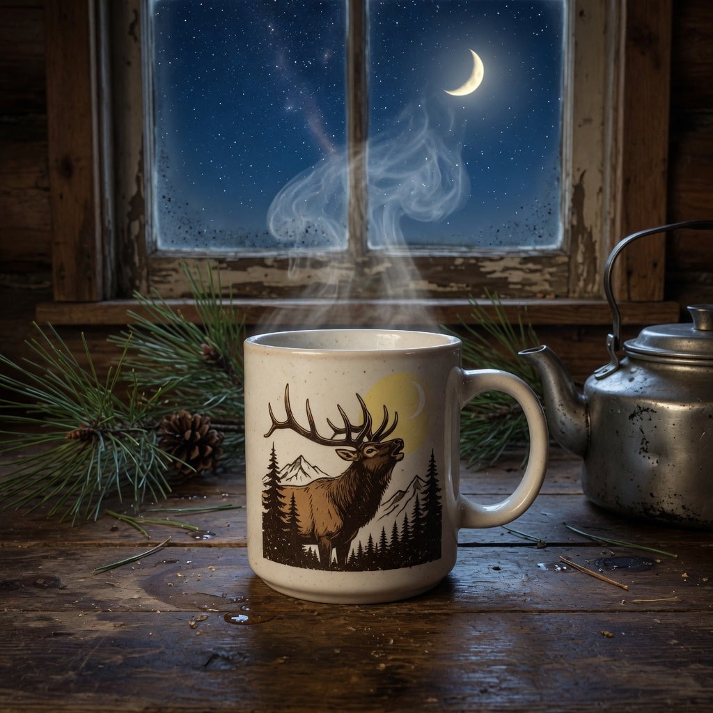 Elk coffee mug for coffee lovers with steam rising on a dark wood cabin table, crescent moon in the night-sky window behind