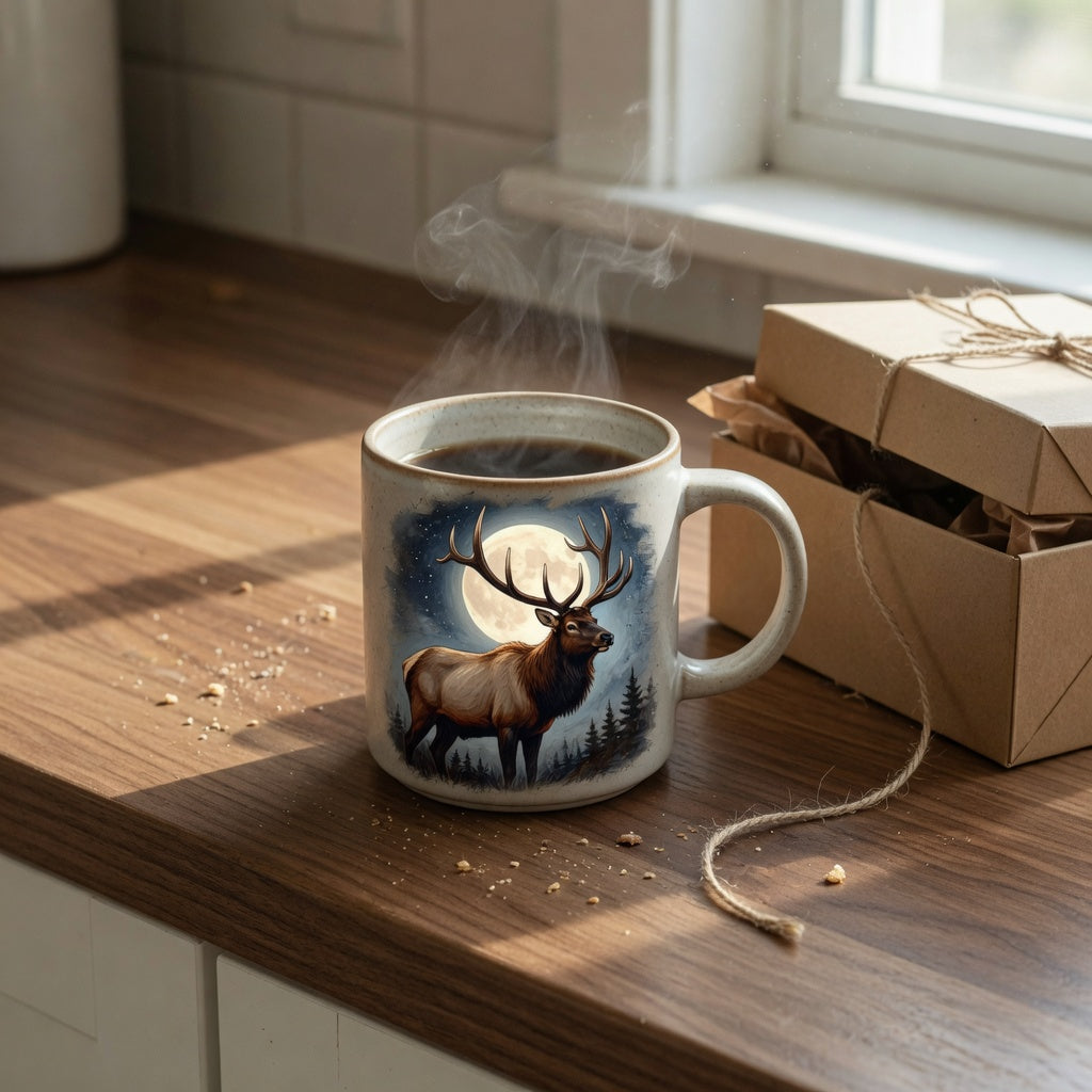 Elk moon ceramic mug gift with a bull elk and full moon on a kitchen counter beside a kraft gift box