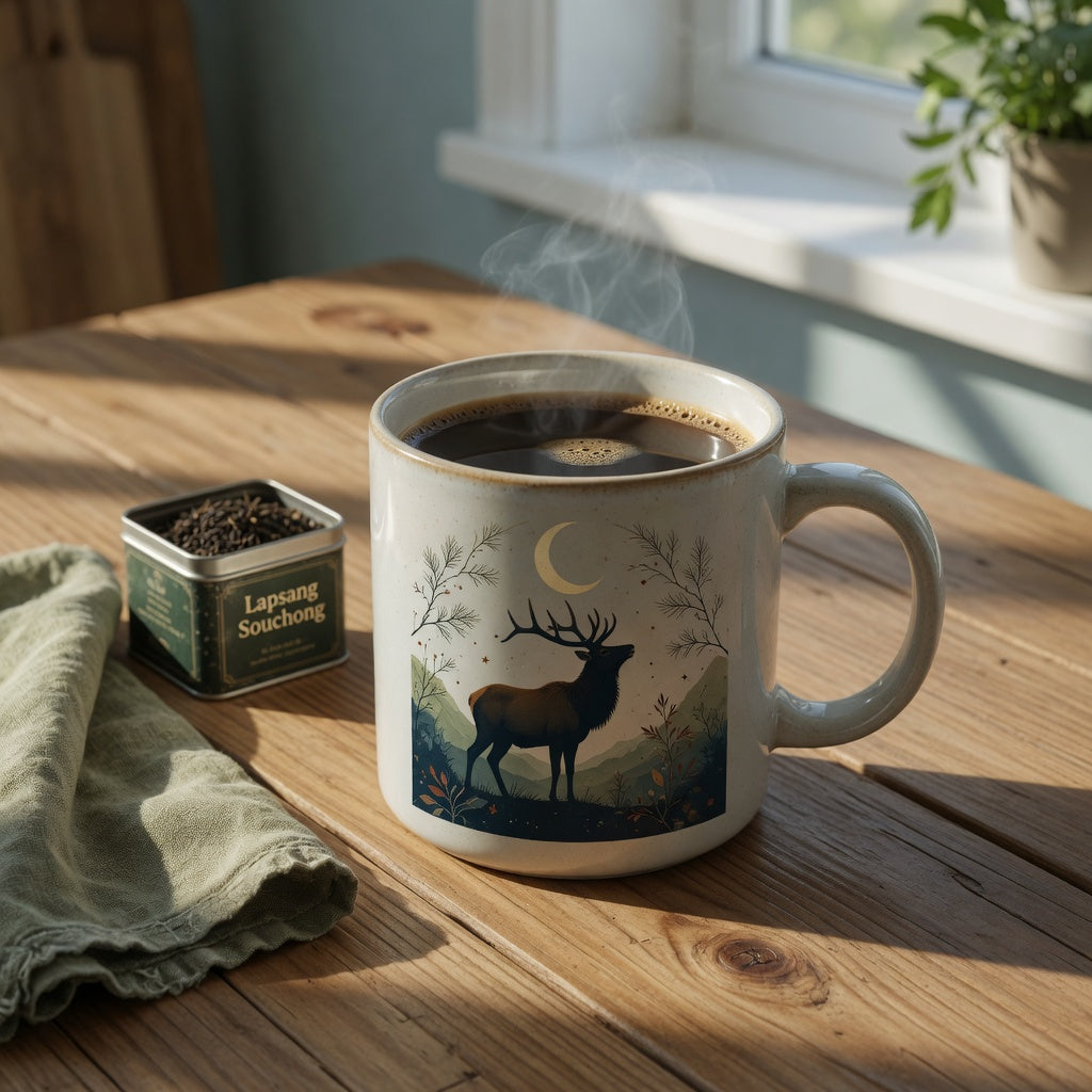 Elk moon gift mug with nature artwork and coffee on a wooden kitchen table