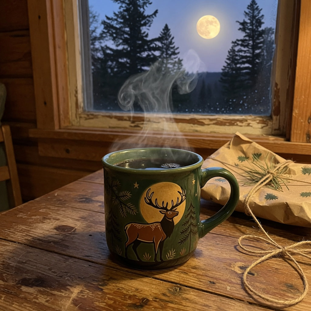 Ceramic elk and moon coffee mug steaming on a rustic cabin table beside kraft gift wrap — an elk mug gift for coffee lovers