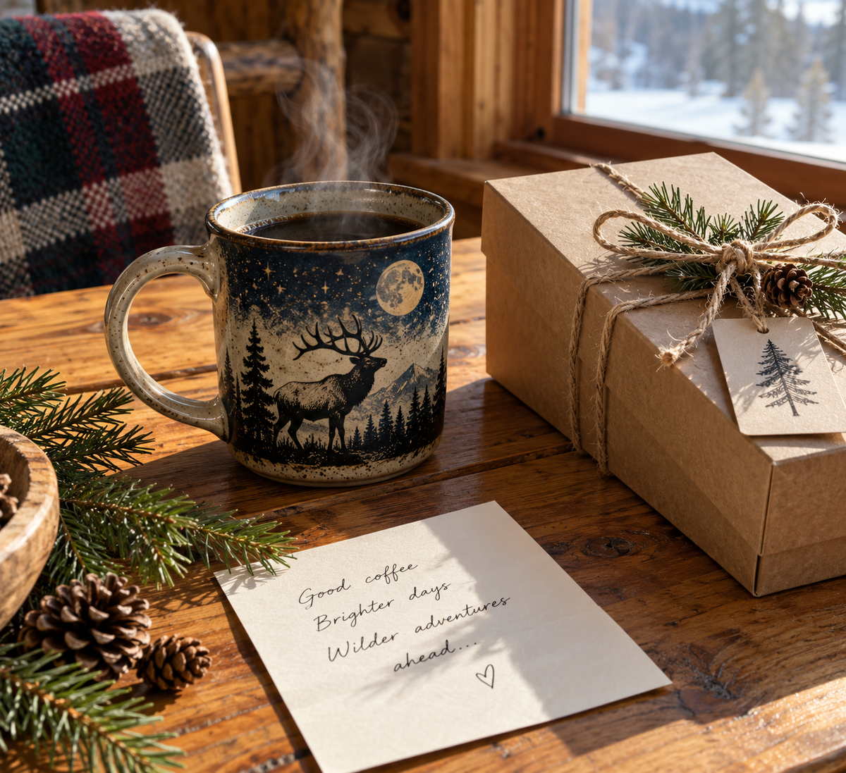 Elk mug gift: Elk and Moon Nature Coffee Mug steaming beside a wrapped gift box on a rustic cabin table