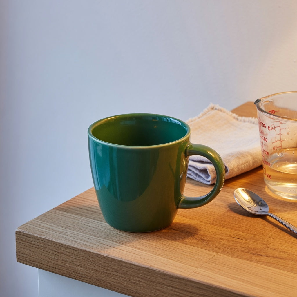 Emerald ceramic coffee tea mug beside a measuring jug on a wooden counter for size and glaze comparison