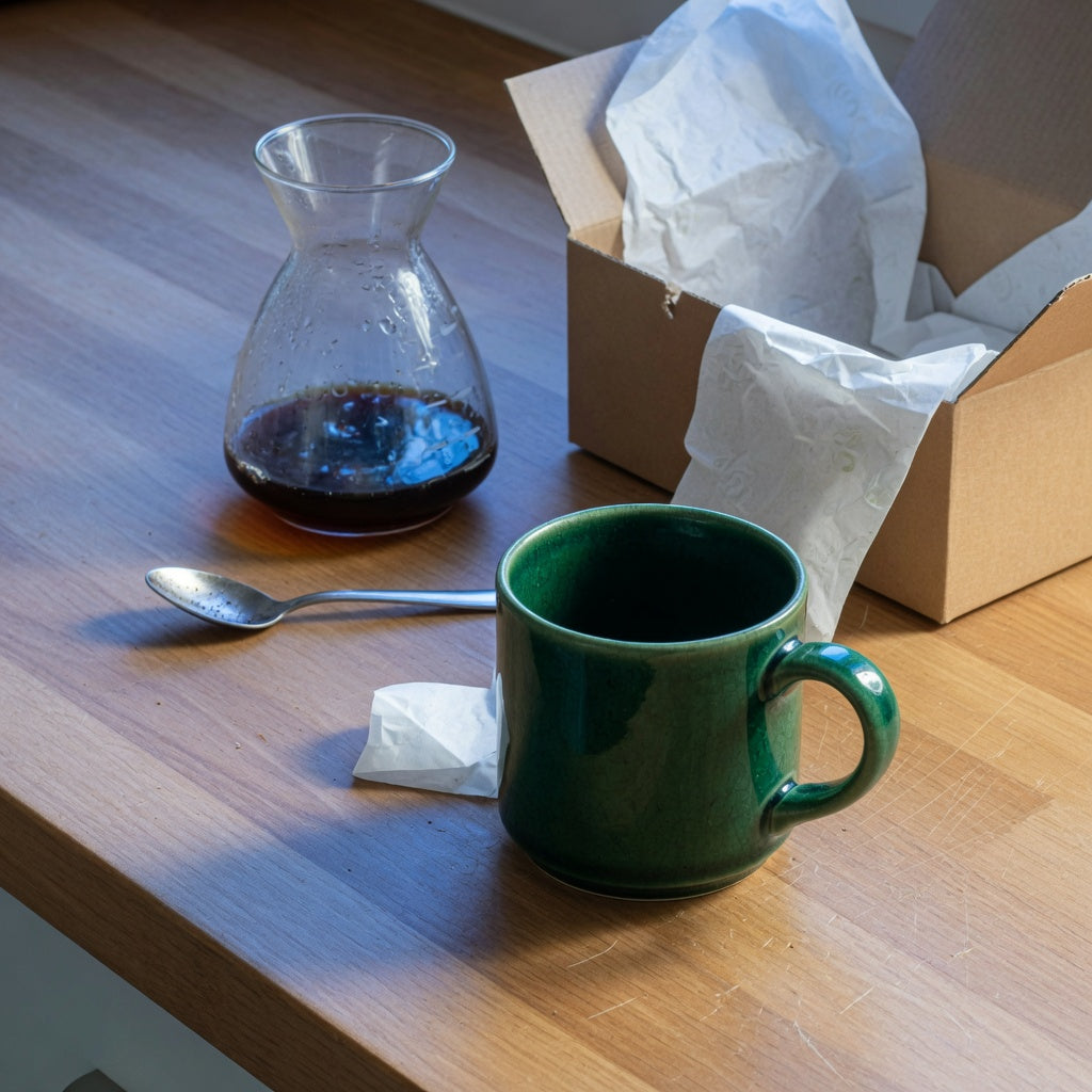 An emerald ceramic mug gift in deep green glaze on a kitchen counter beside a coffee carafe and an open gift box