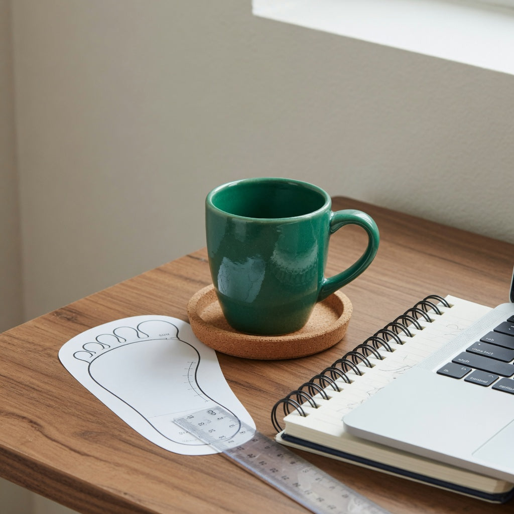 Emerald ceramic tea mug desk setup showing handle clearance beside a keyboard and notebook