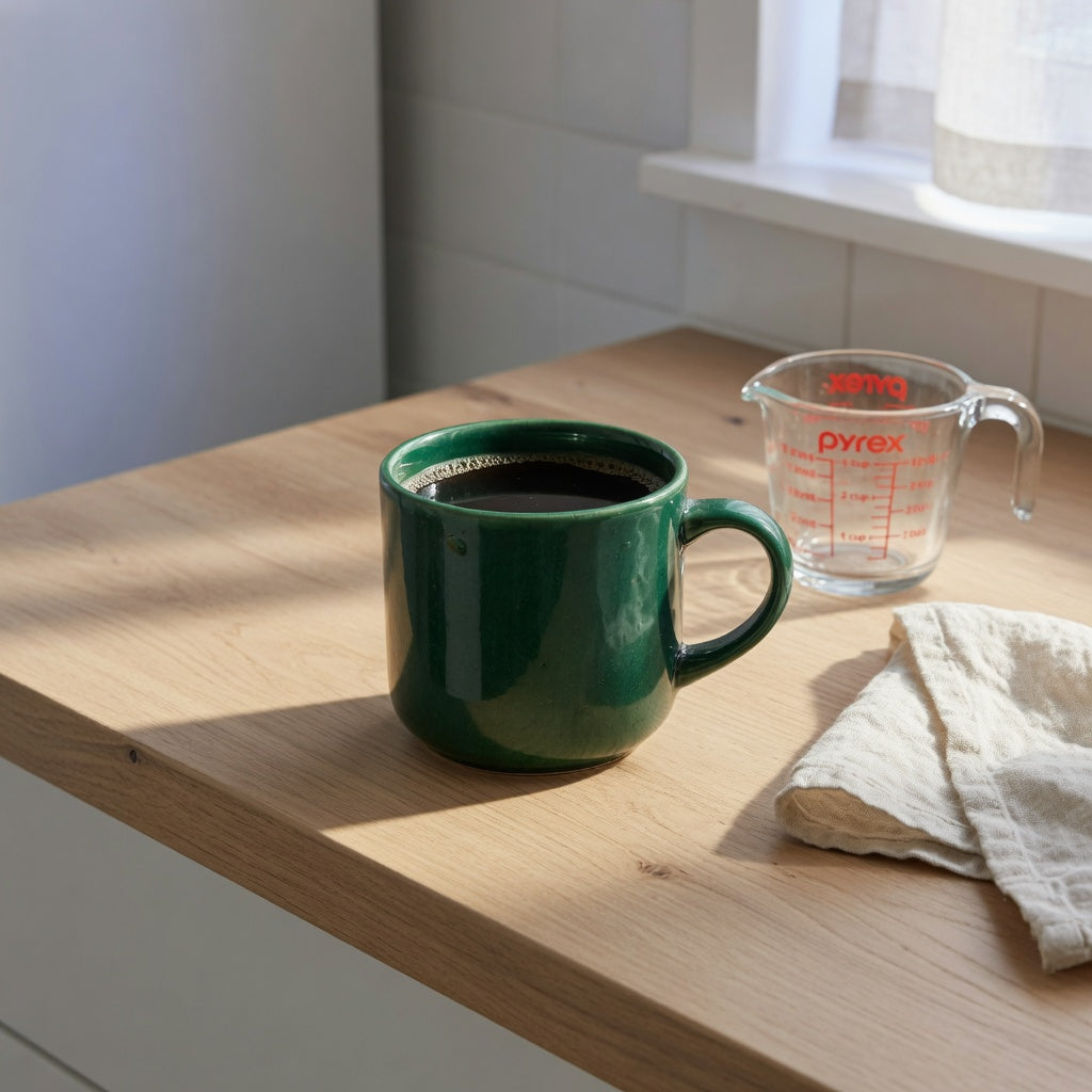 Emerald coffee mug in natural morning light beside a measuring cup on a light oak kitchen counter