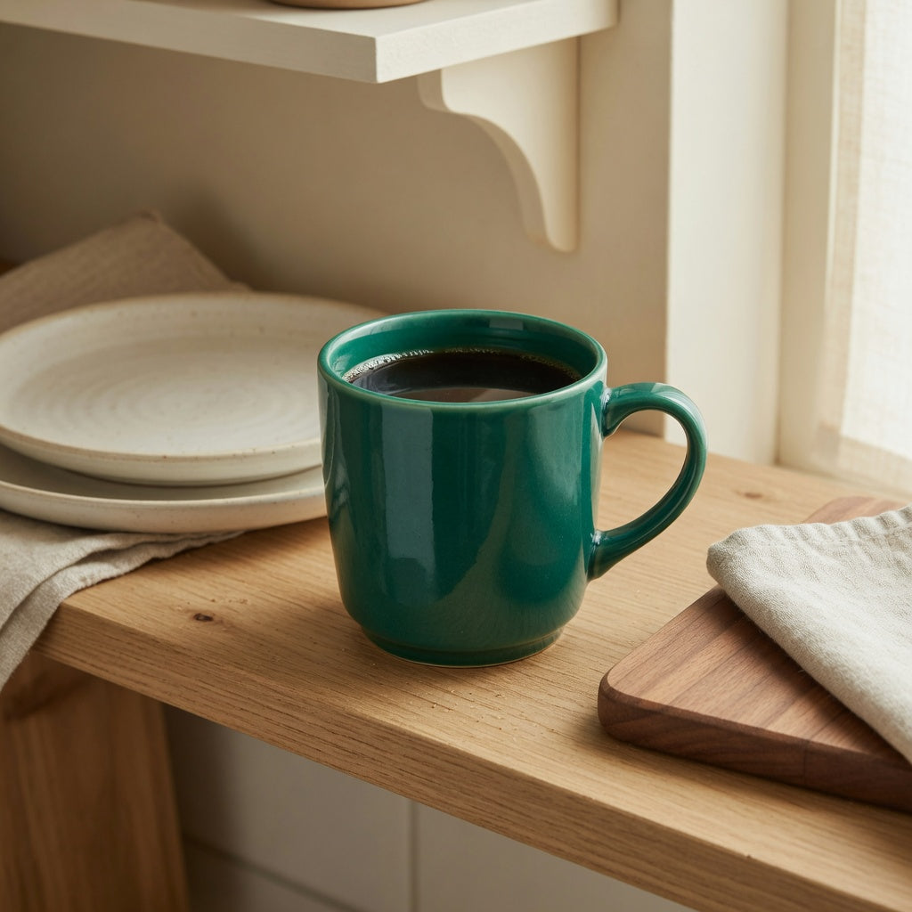 Emerald green ceramic mug on a light oak open shelf beside cream plates