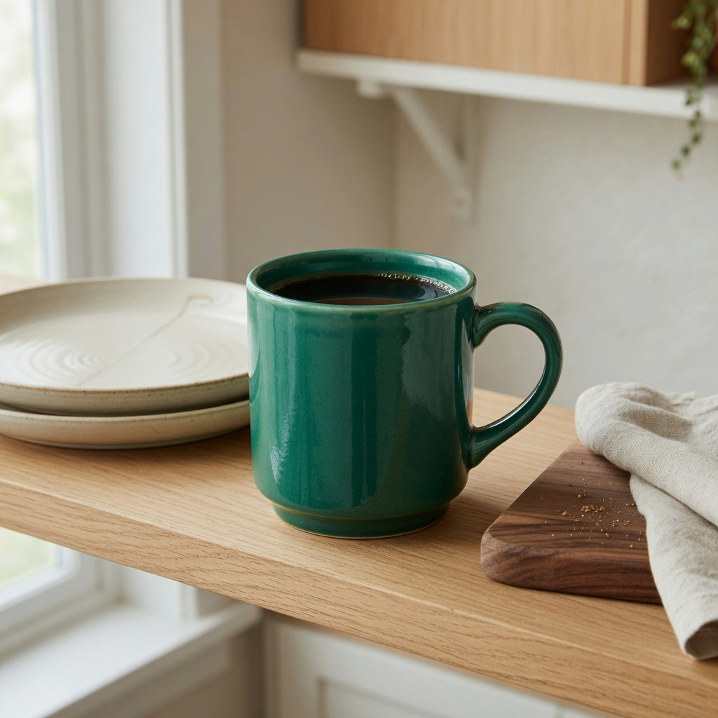 Emerald green ceramic mug on a light oak open shelf beside cream plates
