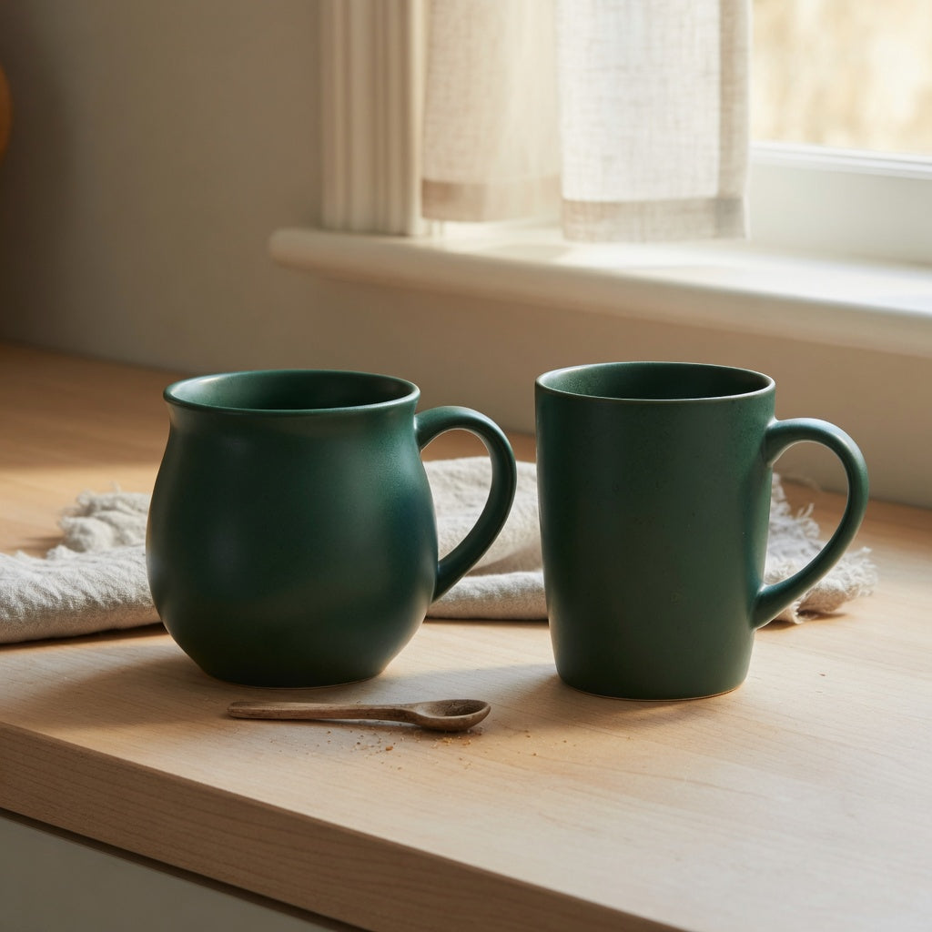 Emerald green coffee mug options side by side showing different body forms and handle shapes
