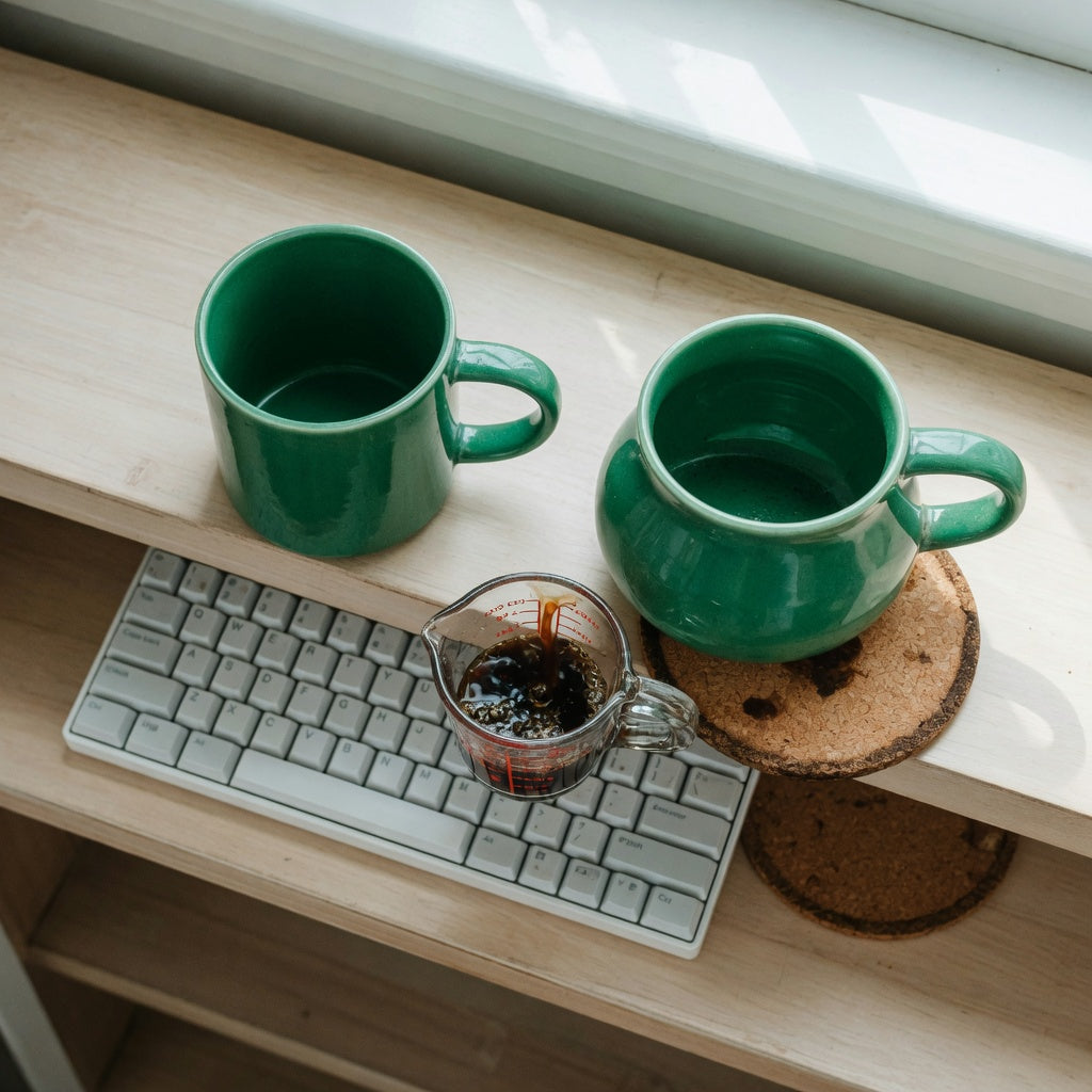 Desk and counter comparison illustrating emerald green coffee mug buying priorities with upright and rounded mug shapes