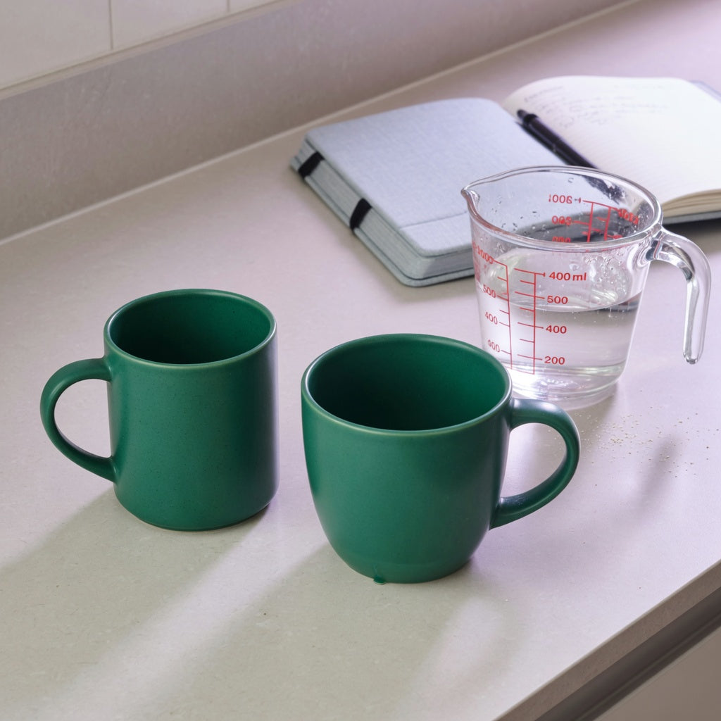 emerald green coffee mug capacity guide showing a 400 ml straight-sided mug and a 480 ml round mug side by side