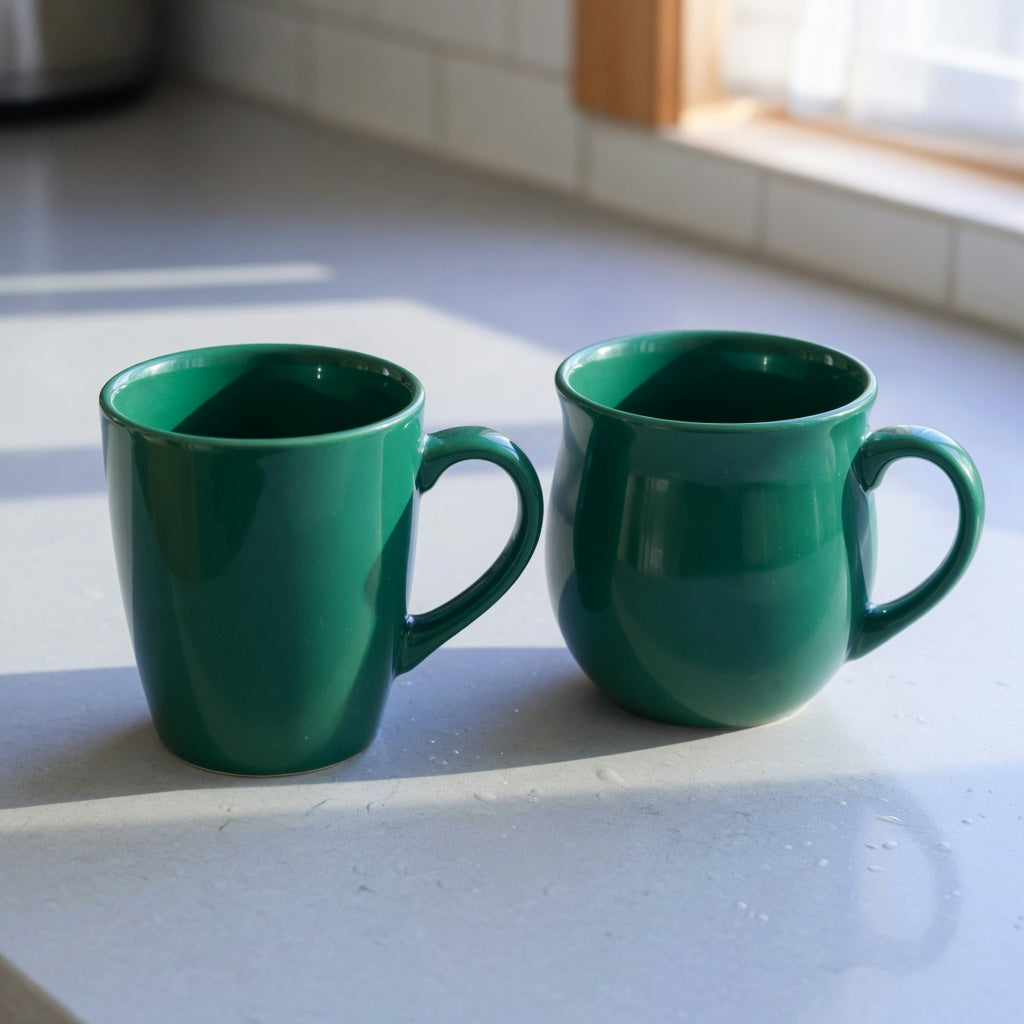 Emerald green coffee mug comparison showing straight 12 fl oz and rounded 14 fl oz current options