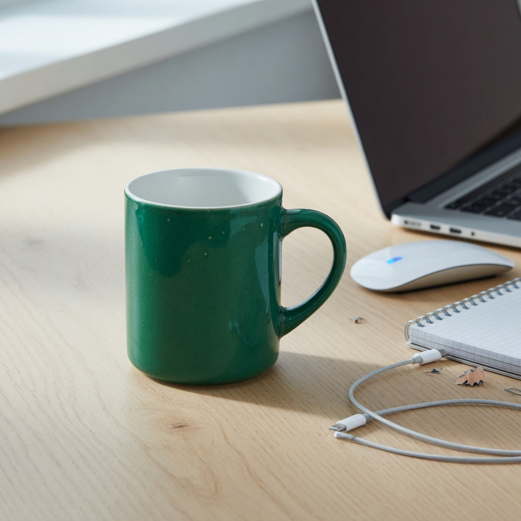 Emerald green coffee mug for desk use beside a laptop and mouse with clear handle space
