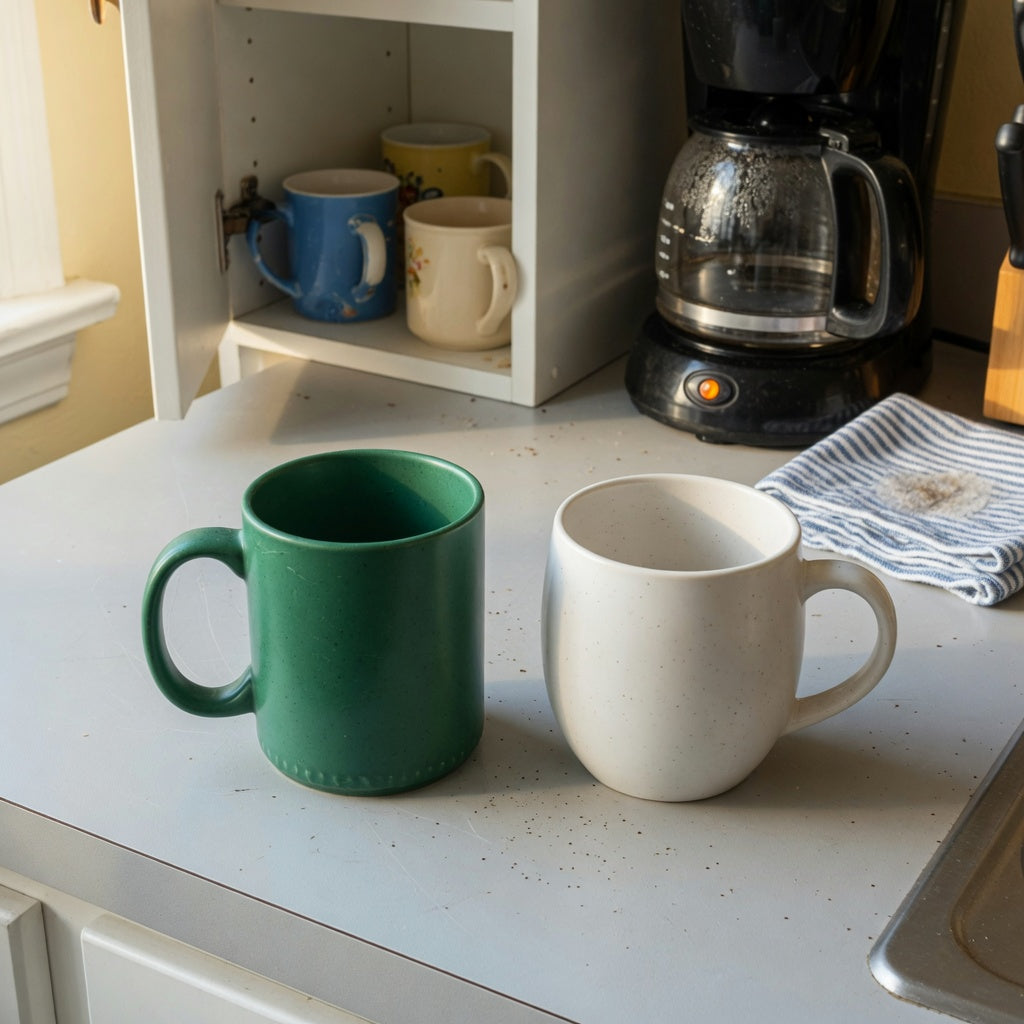 Emerald green coffee mug everyday mug rotation product shortlist guide showing straight and rounded mugs beside an open kitchen cabinet