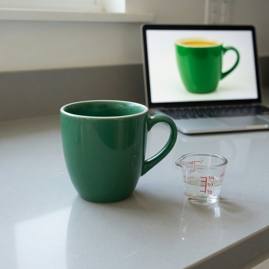 emerald green coffee mug first time buyer practical purchase checklist with mug, measuring cup, and laptop comparison