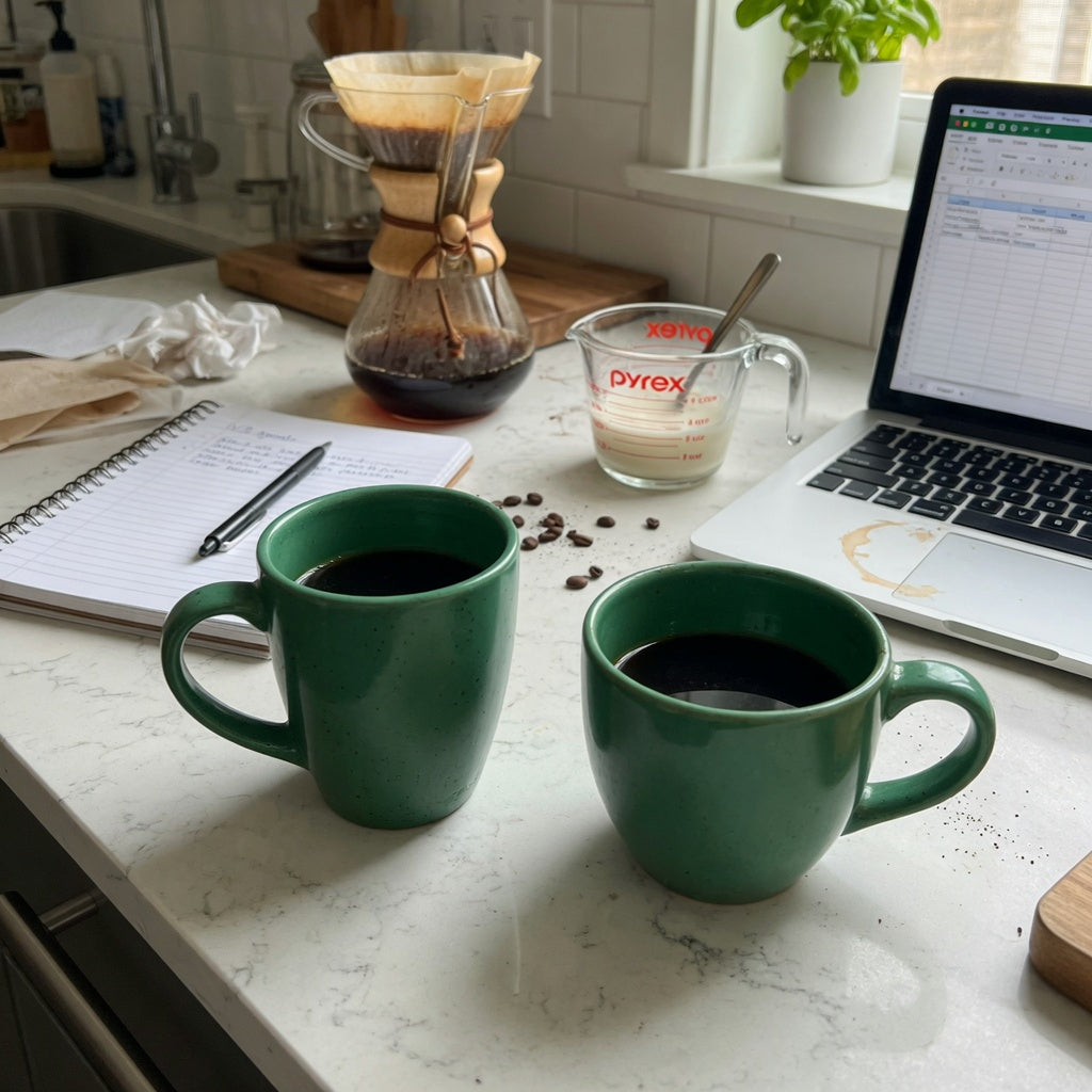 Emerald green coffee mug first time buyer product shortlist guide showing tapered and round mug forms beside a measured coffee pour