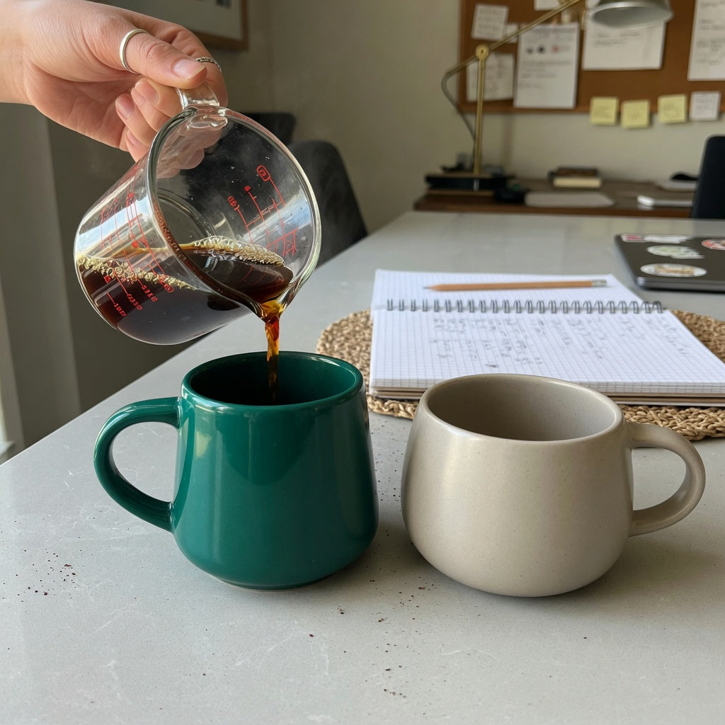 Emerald green coffee mug gift choice practical purchase checklist comparing upright and round mug forms with a measured pour
