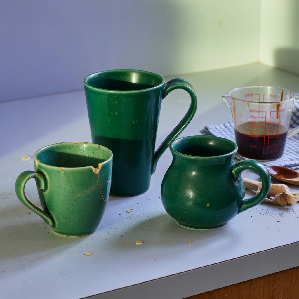 An emerald green coffee mug replacement purchase practical purchase checklist scene with an old cracked mug, measuring cup, upright emerald mug, and round mug