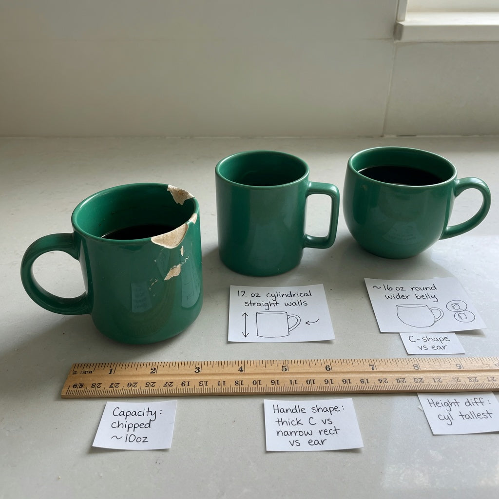 Emerald green coffee mug replacement purchase product shortlist guide with a chipped mug beside cylindrical and round alternatives