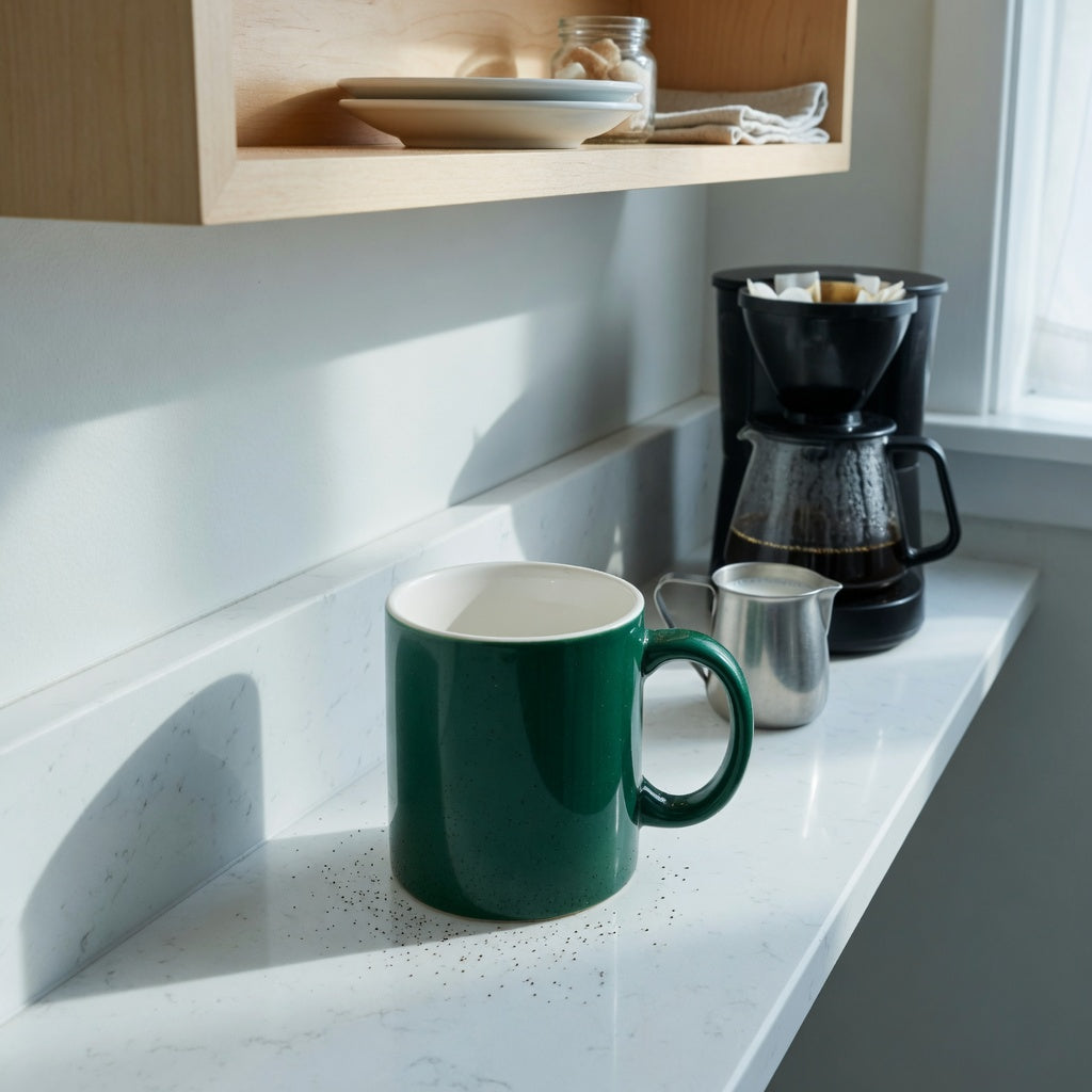 Emerald green coffee mug for small coffee setup on a narrow kitchen counter beside a compact brewer and shallow shelf