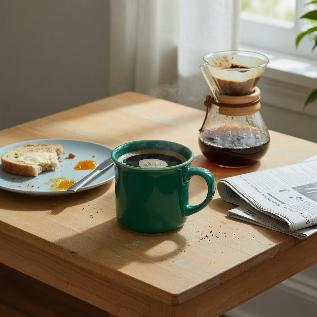 Emerald green coffee mug weekend coffee product shortlist guide scene with a C-handle mug beside a pour-over brewer and breakfast plate