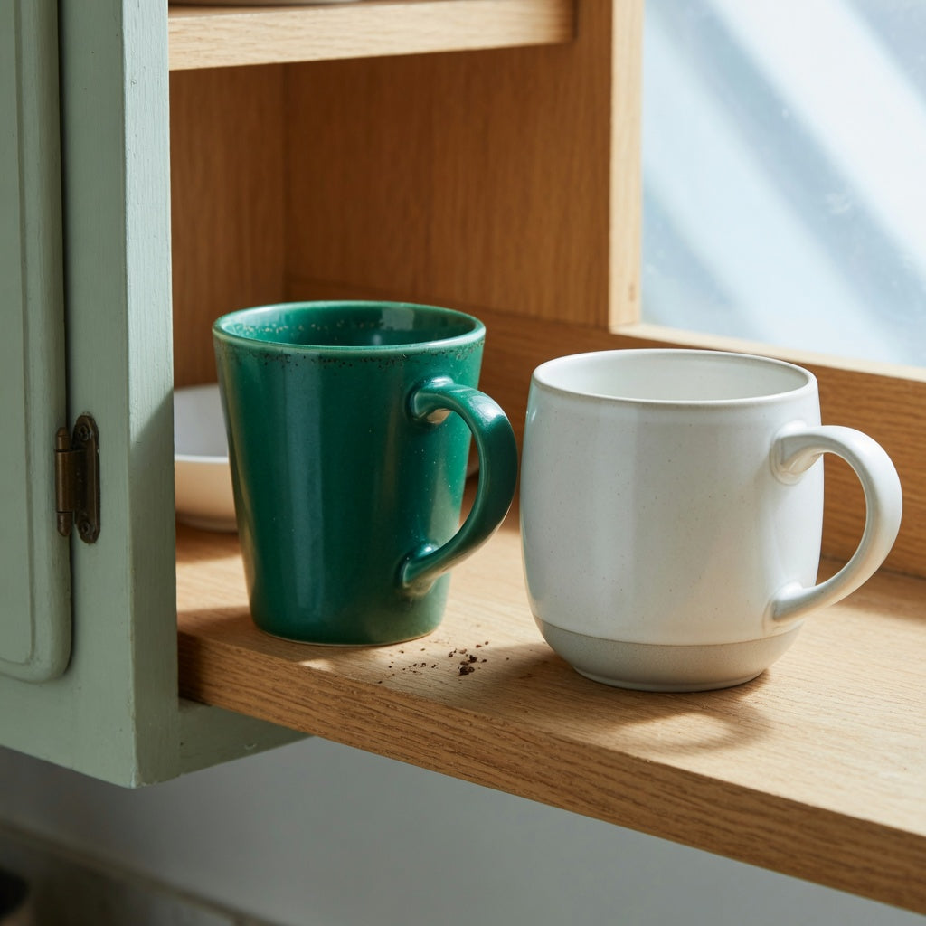 Emerald green coffee mug storage fit guide comparing upright and round ceramic mugs on a cabinet shelf