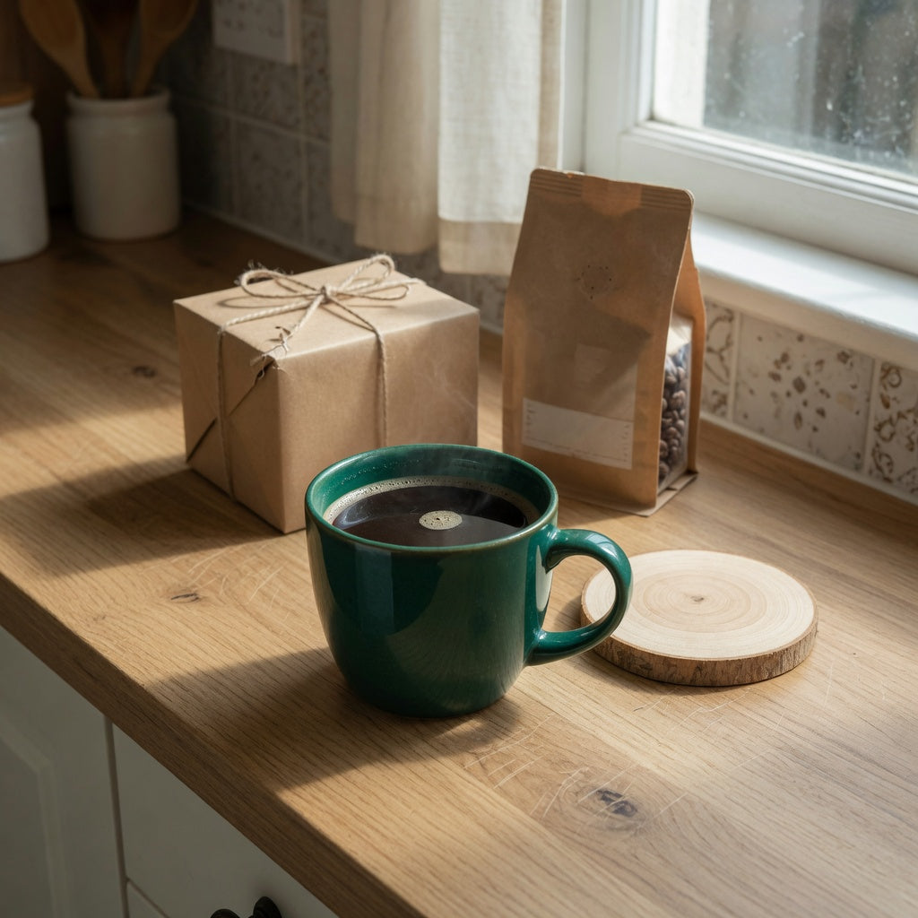 An emerald mug gift for coffee lovers beside a kraft gift box and sealed coffee on a kitchen counter