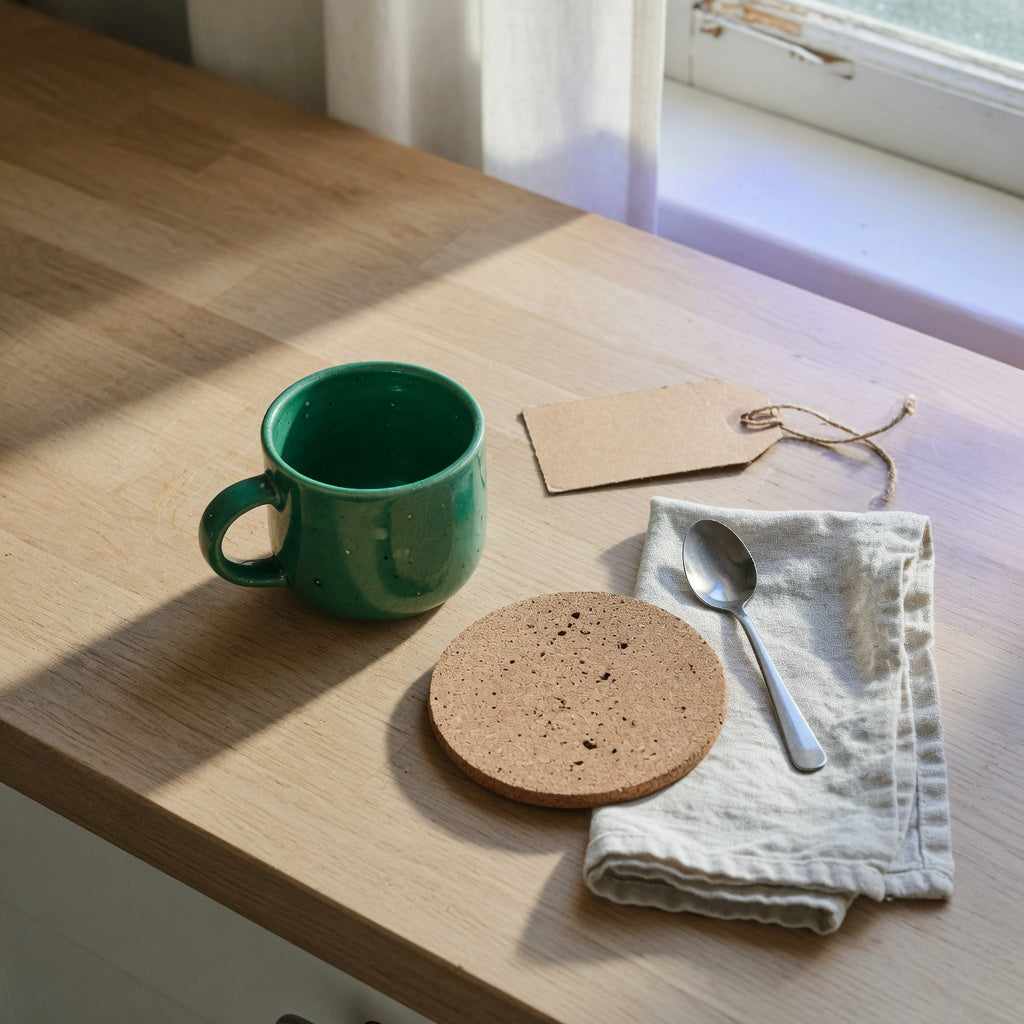 Emerald mug gift ideas with a small green ceramic mug, coaster, spoon, and kraft gift tag on a kitchen counter