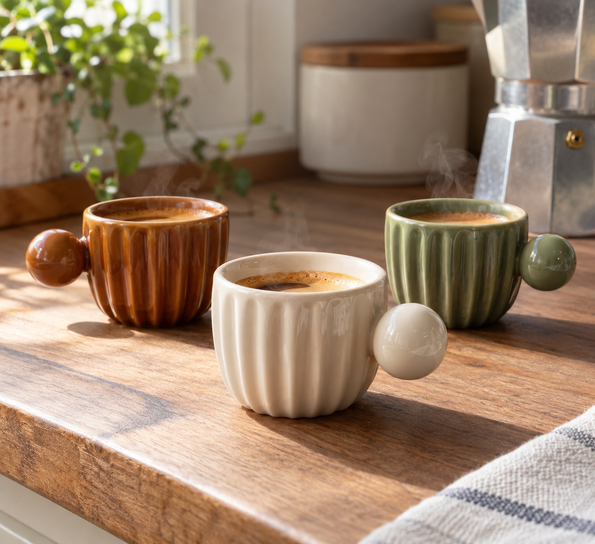 espresso cup for beginners: retro pleated and ball handle styles on kitchen counter